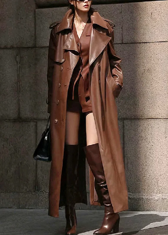 French Coffee Notched Button Faux Leather Long Trench Coat Winter Suede Faux Fur Shearling French Coffee Notched Button Faux Leather Long Trench Coat Winter Suede Faux Fur Shearling