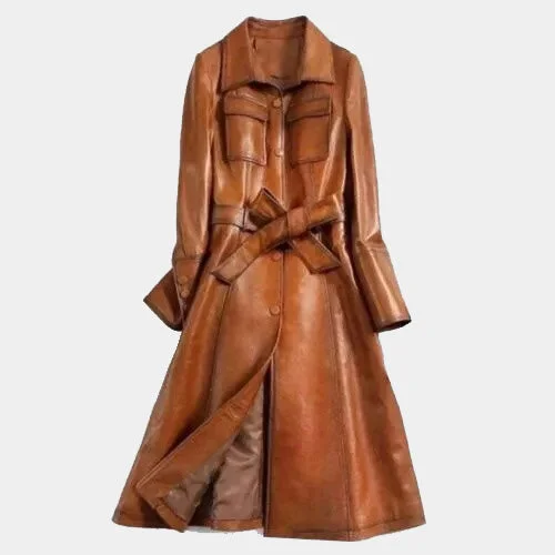 Italian Style Wax Tan Long Leather Trench Coat Kimono Robe Cloak