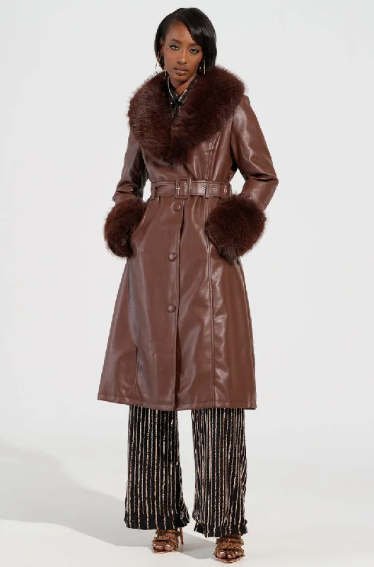 KAYA FUR LINED TRENCH IN BROWN Stylish Plaid Trench Design
