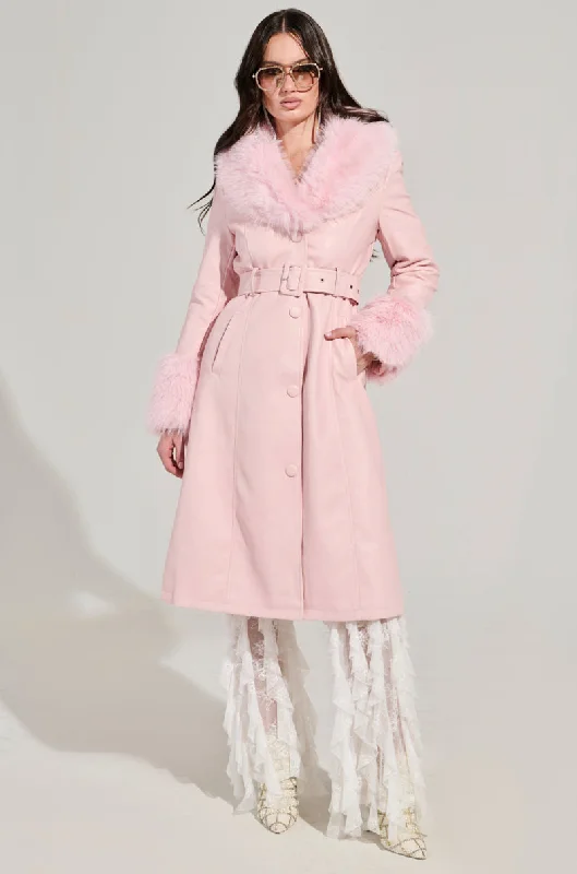 KAYA FUR LINED TRENCH IN LIGHT PINK Elegant Fitted Trench Coat