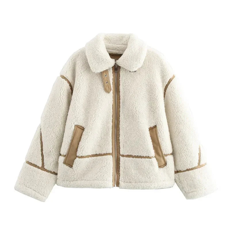 Long Sleeve Splicing Lamb Wool Coat Women Houndstooth Coat Plaid Coat Tartan Coat