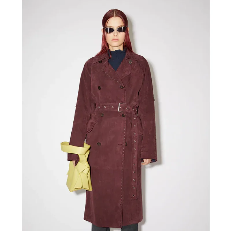 New 2024 Maroon Suede Long Leather Duster Trench Coat For Women Vent Hem Cuff