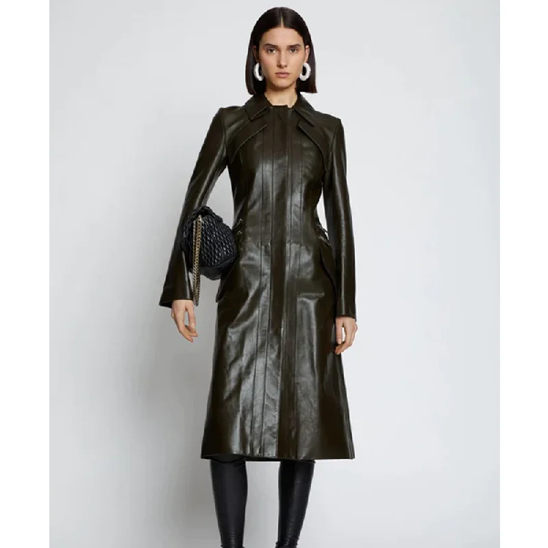 New Women Dark Green Slim Fit Leather Long Trench Coat Boat Shawl Notched