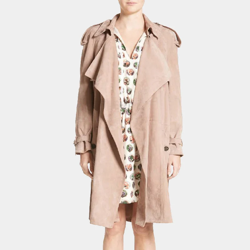 Newly Designed Suede Leather Trench Coat Square Neck One-Shoulder Off-the-Shoulder