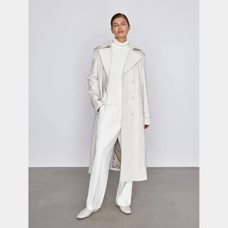 Off-White Leather Long Trench Coat for Women Bomber Denim Leather