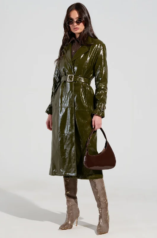 ON THE FLY FAUX LEATHER TRENCH Comfortable Zip-Up Trench Coat
