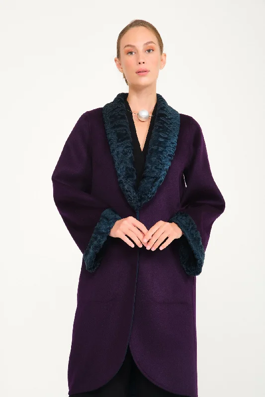 Purple / Dark Green Double Face Swakara & Wool Coat Anorak Windbreaker Fleece