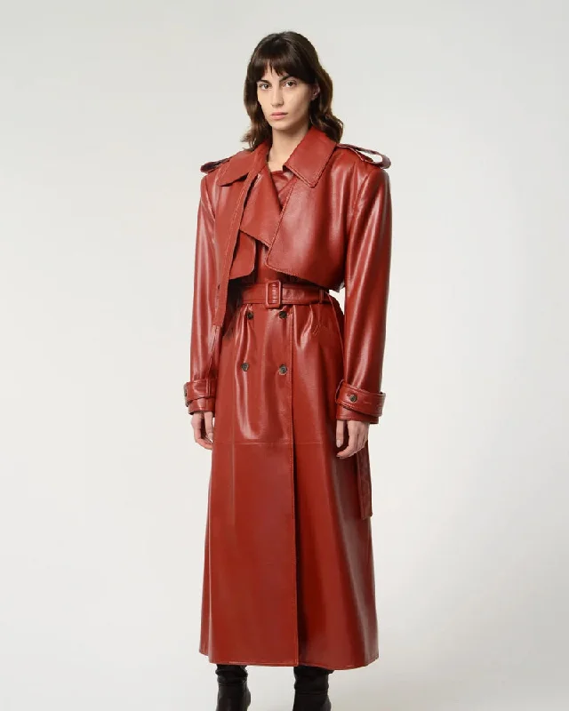 Red Lambskin Leather Trench Coat Elasticated Drawstring Belted