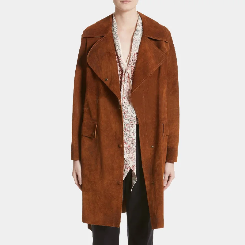 Suede Leather Trench Coat for Women Toggle Coat Shawl Collar Coat Notch Collar Coat