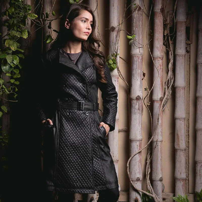 Womens Sweet Susan Leather Trench Coat Collared Crew Neck Turtle Neck