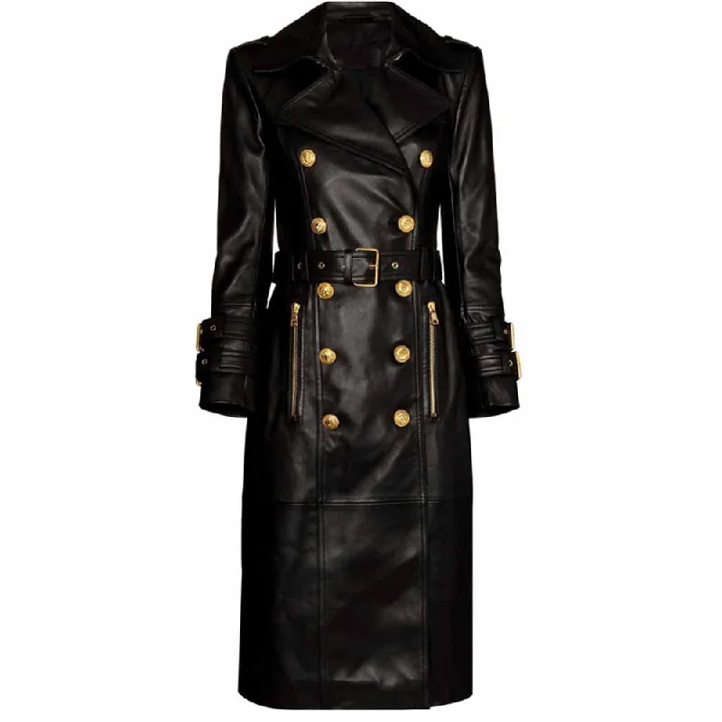 Women Beltted Double Breasted Faux Leather Trench Coat Tailored Straight A-Line