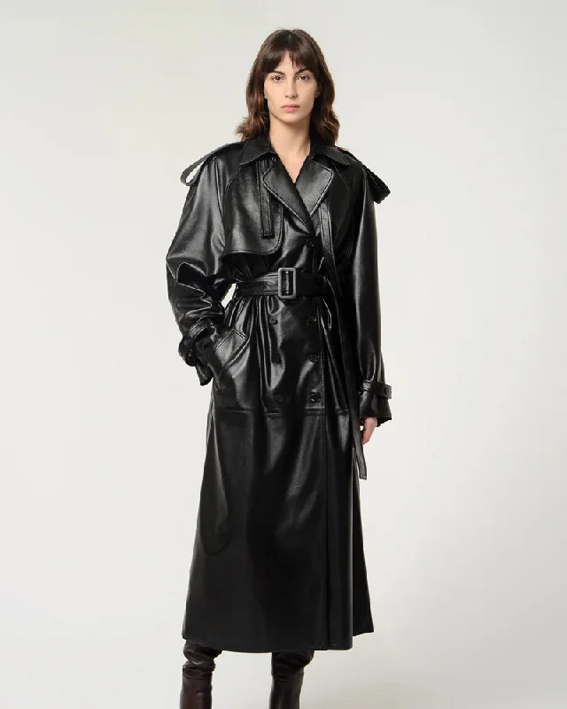 Women Black Leather Trench Coat Hooded Caped Scarf