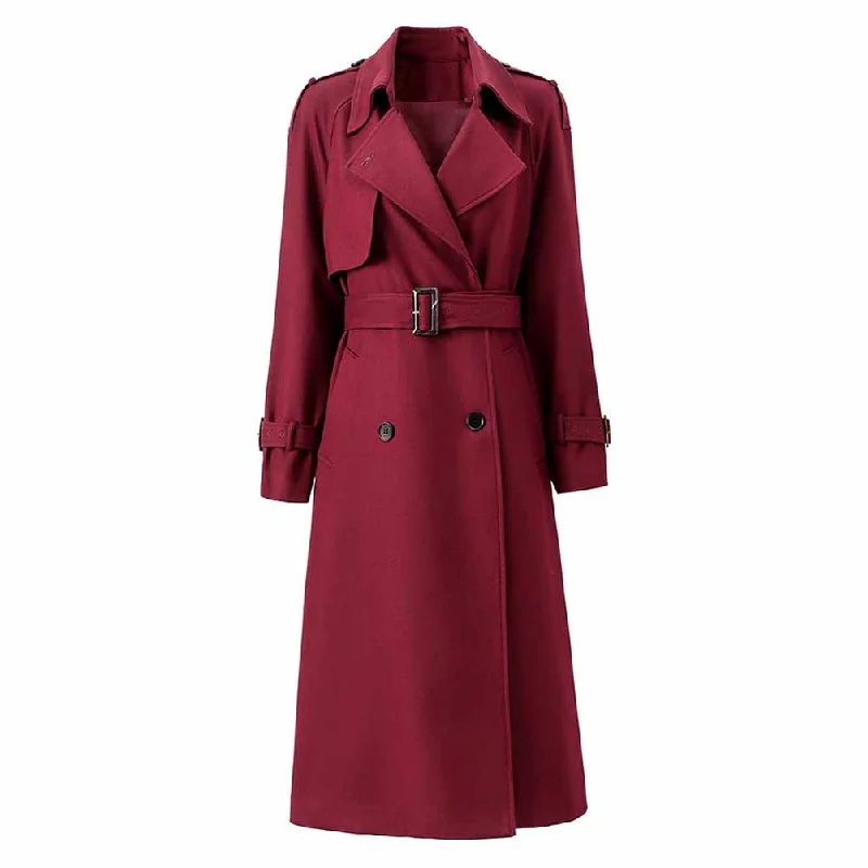 Women Burgundy Trench Coat With Sashes Double Breasted Long Coat Bomber Denim Leather Women Burgundy Trench Coat With Sashes Double Breasted Long Coat Bomber Denim Leather