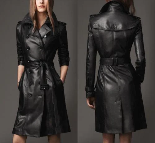 Women Genuine Leather Black Full Length Trench Coat TC03 Off-the-Shoulder Jacket Double-Breasted Coat Single-Breasted Coat Women Genuine Leather Black Full Length Trench Coat TC03 Off-the-Shoulder Jacket Double-Breasted Coat Single-Breasted Coat