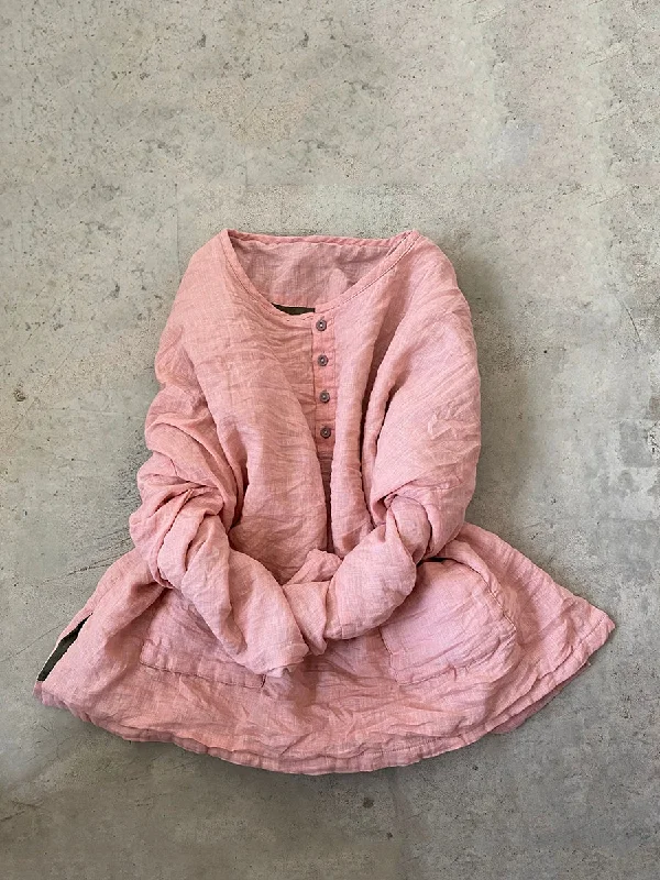 Women Vintage Autumn Solid O-Neck Linen Coat Knit Woven Fleece