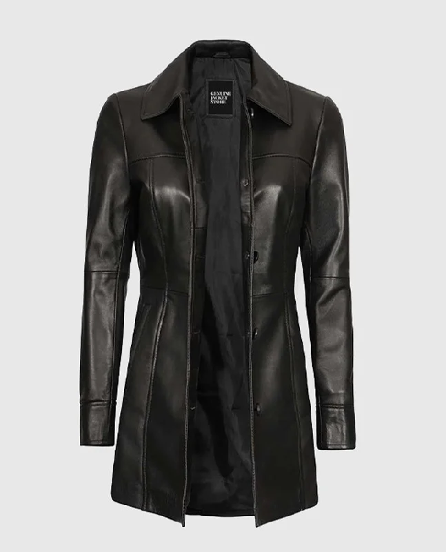 Women's Black Leather Long  Coat Sleeveless Short Sleeve Long Sleeve