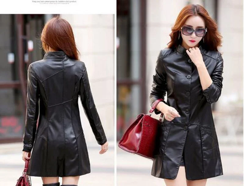 Women's Black Leather Mid Length Trench Coat TC05 Raincoat Turtleneck Coat Wrap Coat