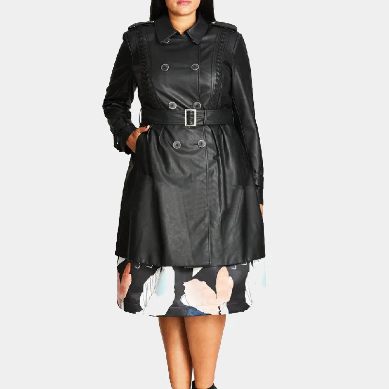 Women’s Black Leather Trench Coat Fitted Loose Oversized
