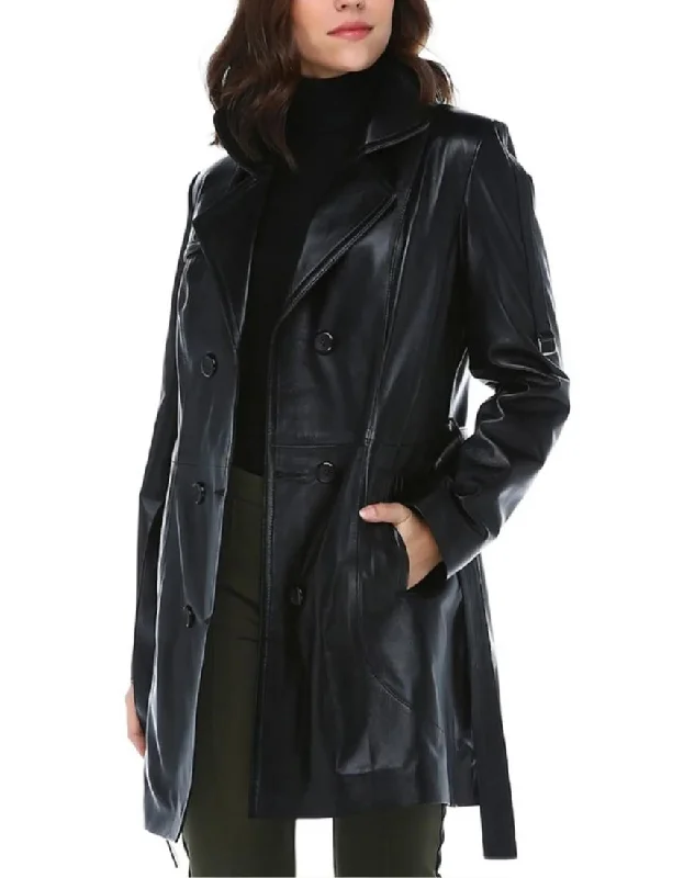Brisa Black Leather Trench Coat Welt Pockets Slit Pockets Flap Pockets