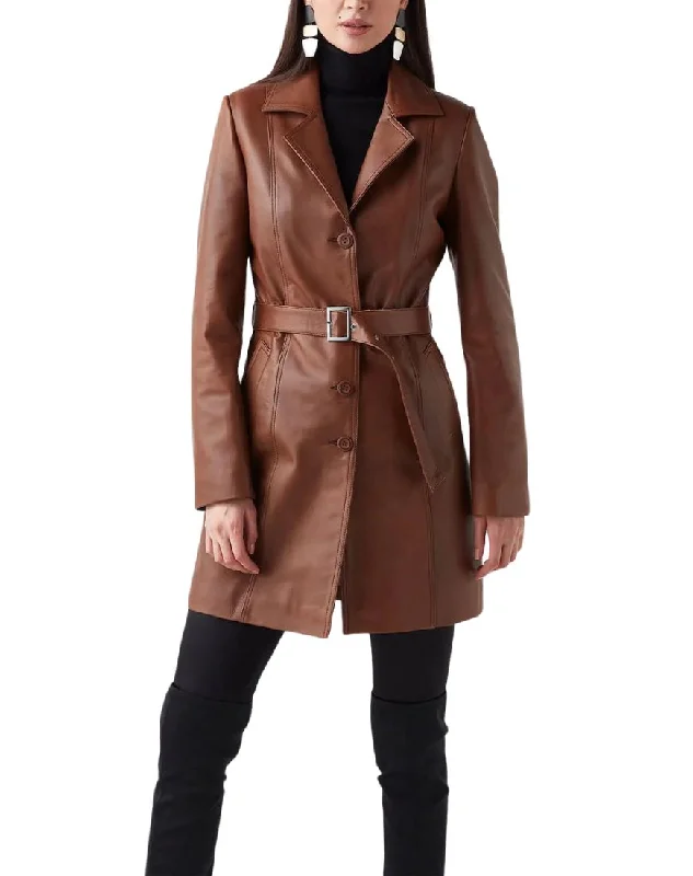 Celeste Brown Leather Trench Coat Zip Front Button Front Snap Front