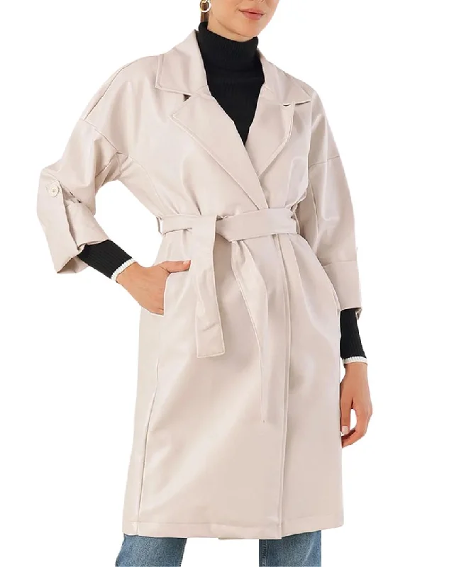 Cielo Cream White Leather Trench Coat Crew Neck V-Neck Boat Neck