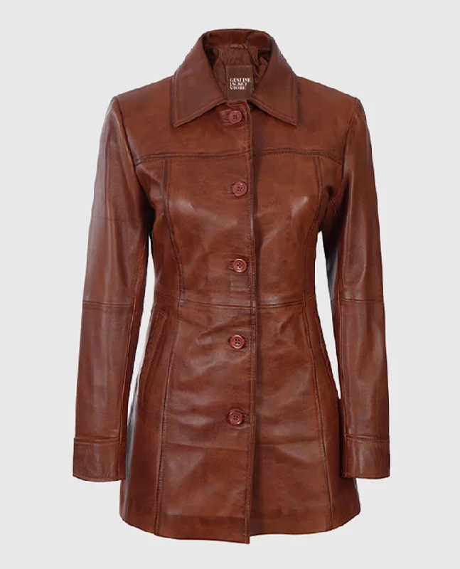 Women's Cognac Leather Coat Trench Wool Cashmere