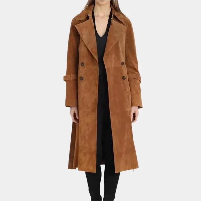 Women’s Genuine Brown Suede Leather Long Trench Coat Striped Polka Dot Solid