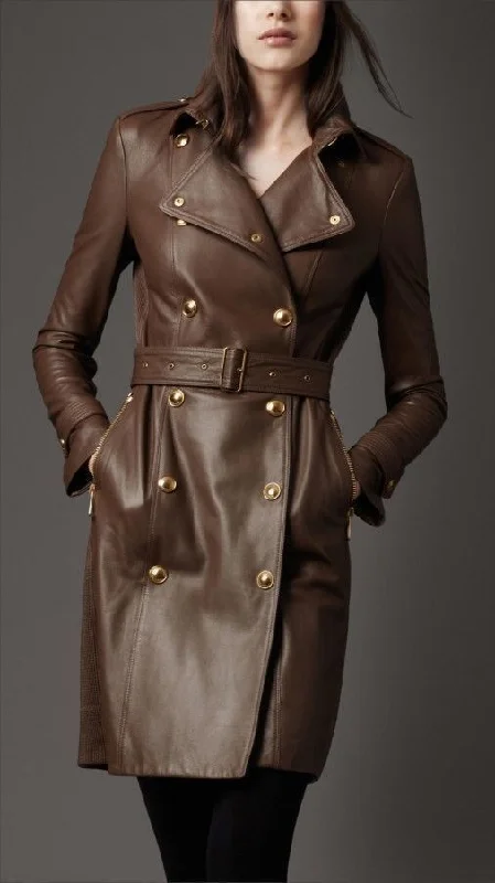 Women's Genuine Leather Brown Trench Coat TC02 Tie-Waist Belted Drawstring