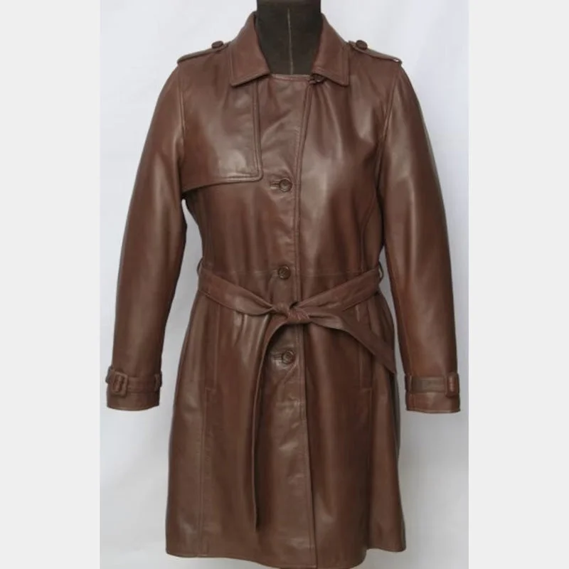 Women’s Long Brown Leather Coat Bomber Jacket Denim Jacket Leather Jacket