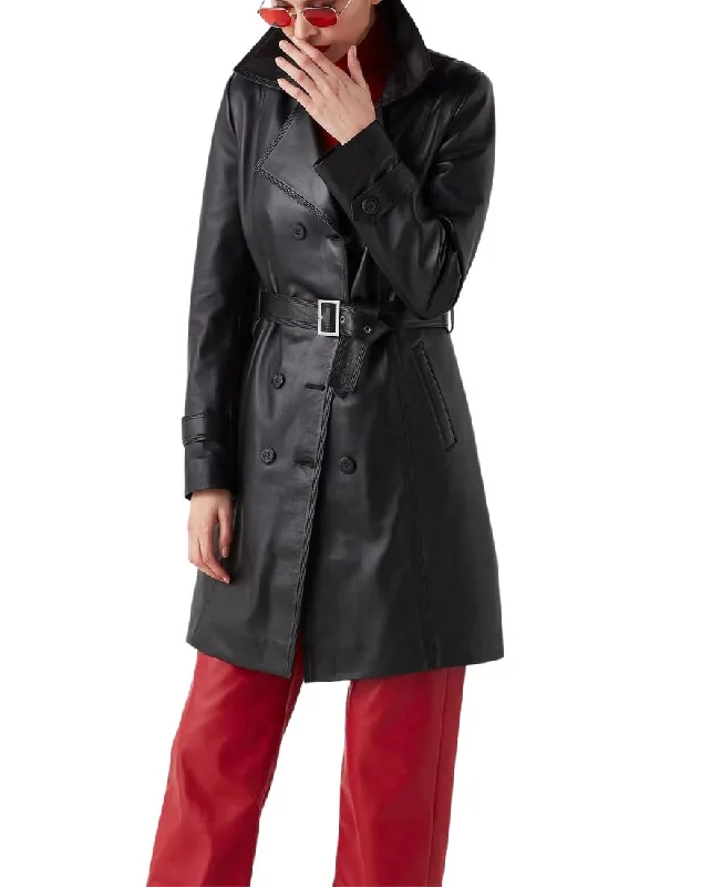 Lune Black Leather Trench Coat Lapel Coat Peter Pan Collar Coat Cowl Neck Coat