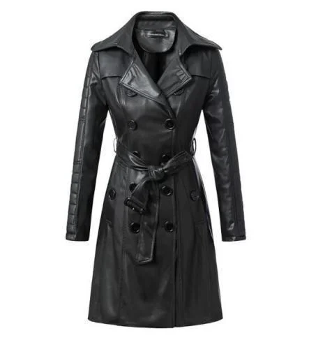 Women's Real Leather Mid Length Trench Coat TC11 Hook-and-Loop Buckled Tied
