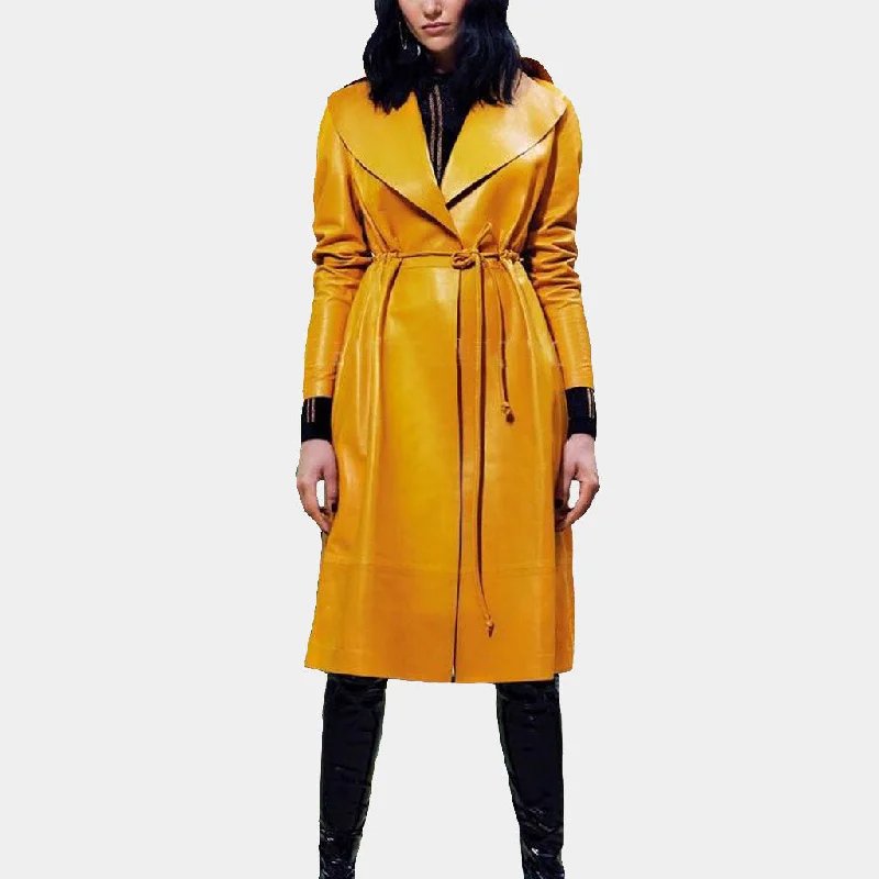Women’s Self-Tie Belted Lambskin Leather Trench Coat Stand-Up Roll-Neck Turtle