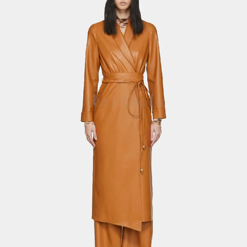 Women’s Shawl Collar Spring Trench Leather Coat Front Pockets Side Pockets Patch Pockets