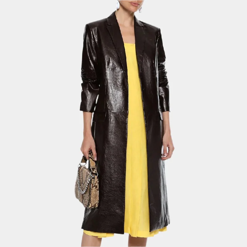 Women’s Trench Leather Coat with Front Flap Pockets Cotton Linen Terry