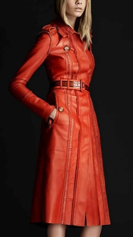 Women's Vibrant Orange Knee Length Leather Trench Coat TC25 Elegant Button-Up Trench Coat