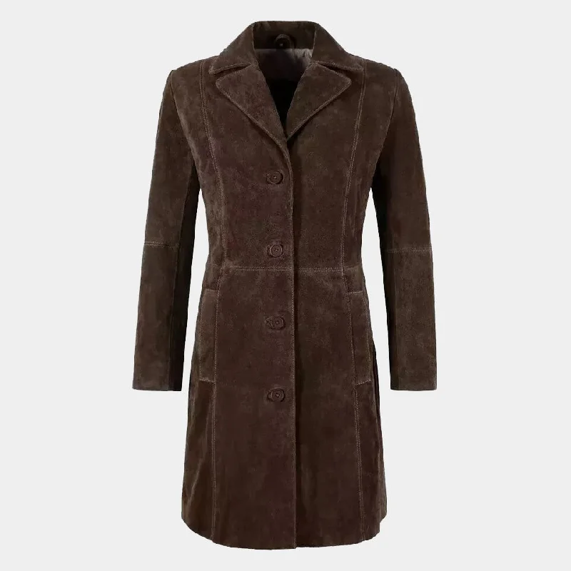 Women's Vintage Brown Suede Leather Trench Coat Sequined Lace Ribbed