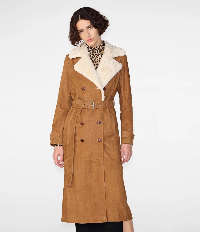 Savannah Faux Fur Trench Fashionable Double-Breasted Wool Trench