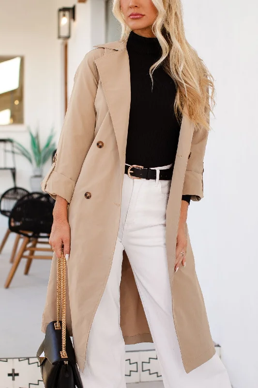 Yvette Khaki Trench Coat Three-Quarter Sleeve Elbow Sleeve Wrist Sleeve