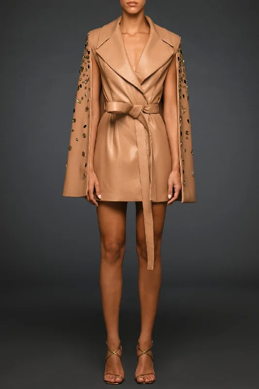Beige cape coat with embroidered sleeves Hooded Caped Scarf