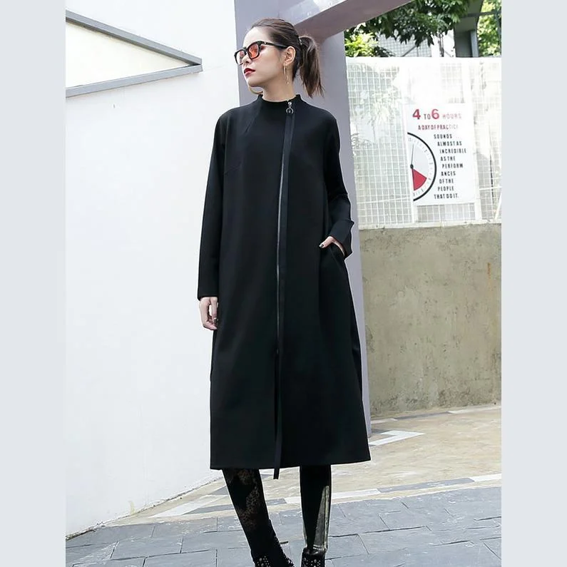 black cotton Coats plus size stand collar long coat Elegant zippered Coat Pleated Ruffled tiered black cotton Coats plus size stand collar long coat Elegant zippered Coat Pleated Ruffled tiered