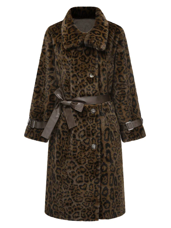 Brown 1950s Leopard Lapel Faux Fur Coat Striped Polka Dot Floral