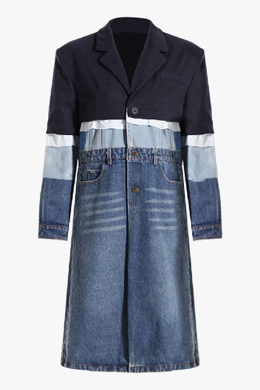 Eclectic Style Lapel Collar Single Breasted Layered Spliced Denim Trench Coat Satin Silk Chiffon Eclectic Style Lapel Collar Single Breasted Layered Spliced Denim Trench Coat Satin Silk Chiffon