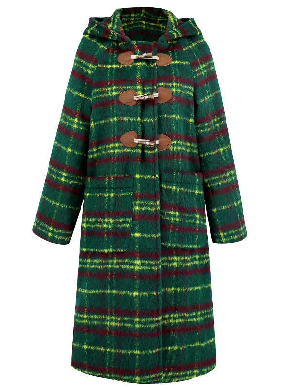 Green 1950s Gingham Plaid Hooded Coat Solid Print Jacquard