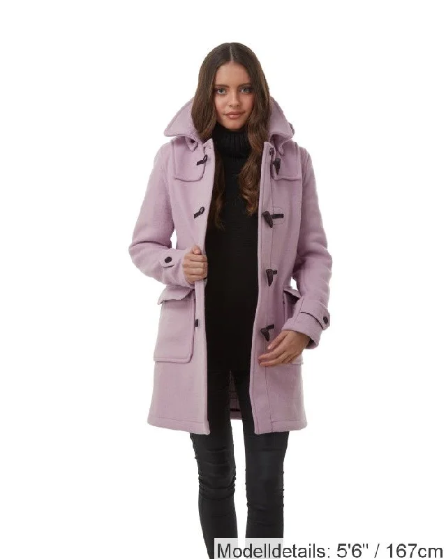 London Custom Fit Convertible Dufflecoat für Damen mit originaler abnehmbarer Kapuze und Hornknebeln – Lila Stand-Up Roll-Neck Turtle London Custom Fit Convertible Dufflecoat für Damen mit originaler abnehmbarer Kapuze und Hornknebeln – Lila Stand-Up Roll-Neck Turtle