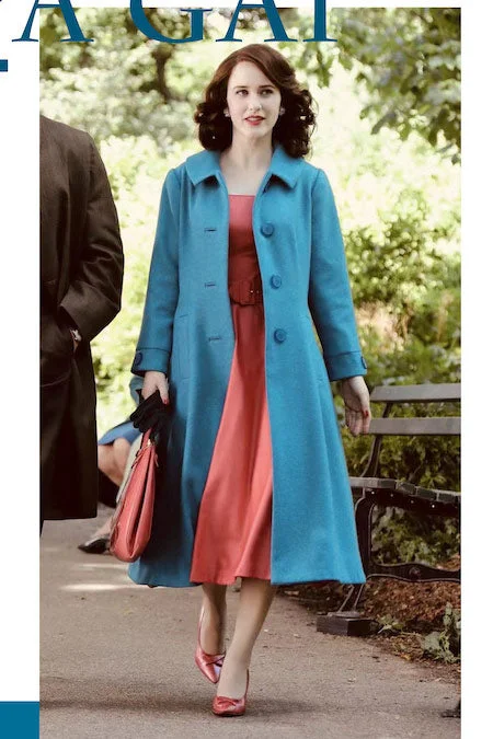 Mrs. Maisel Inspired Mid-length Blue Coat Cuffed Rolled Raglan