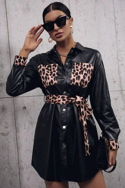 Tied Leopard Snap Down Trench Coat Three-Quarter Sleeve Elbow Sleeve Wrist Sleeve