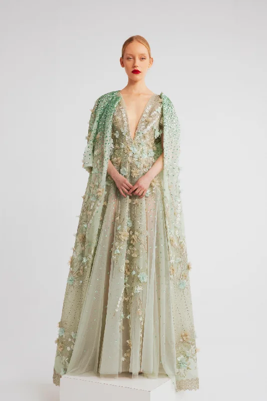 Floral embriodered tulle gown with coat Blouse Shirt Tunic