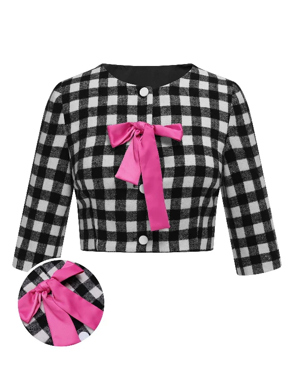 [Pre-Sale] 1950s Crew Neck Plaids Satin Bow Cropped Coat Anorak Windbreaker Fleece