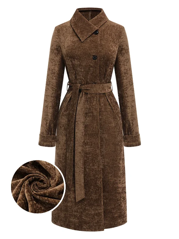 [Pre-Sale] Brown 1930s Lapel Velvet Belted Coat Turtleneck Wrap Cape
