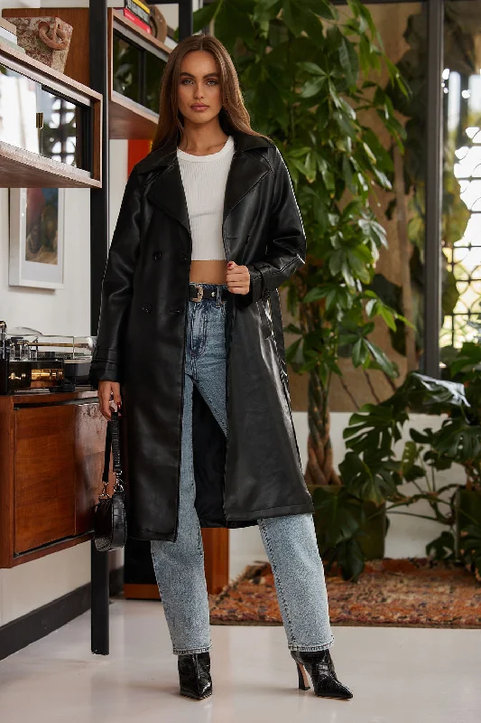 Brynne Faux Leather Black Trench Warm Wool Blend Trench